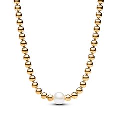 Elevate your style with our Treated Freshwater Cultured Pearl & Beads Collier Necklace. Plated with 14k gold, the necklace features a lustrous white treated freshwater cultured pearl set among the beads. The pearl and bead motif, with adjustable lengths, adds a touch of modern elegance to any outfit. This beaded necklace is a timeless addition to your jewellery collection, perfect for gifting or enhancing your everyday look. Please note each treated freshwater cultured pearl is unique and can vary in size and colour; normal wear and tear may occur with this material. Our freshwater cultured pearls are treated with bleaching and lustre enhancement. Pandora Necklace Pearl, Classic White Beaded Chain Necklace, Pandora Pearl, Beaded Necklace Diy, Engagement Rings Bridal Sets, Bridal Ring Sets, Zircon Ring, Pearl Set, Original Jewelry