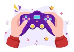 two hands holding a purple game controller over a white background with stars and confetti