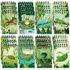 a set of twelve calendars with different animals and plants on the pages, all in green