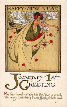 an advertisement for the new year's greeting card, featuring an angel holding a flower