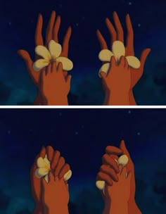 two images of hands holding flowers in the dark