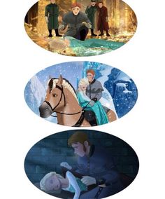 three different pictures of people riding horses in the snow and one has a horse on it