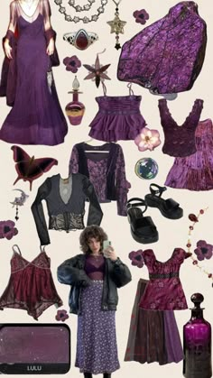 90s Whimsigoth Outfits Fall, Whimsigoth Outfits Purple, Whimsigoth Fashion Winter, Purple Witch Aesthetic Outfit, Outfit Themes List, Y2k Whimsigoth Outfits, Purple Hippie Outfit, Purple Whimsigothic Outfit, Whimsigoth Fall Outfits