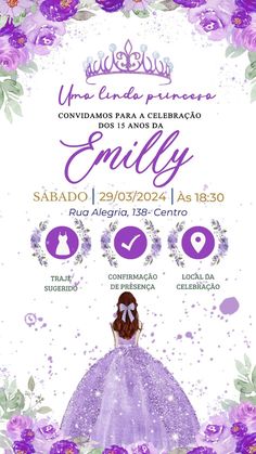 a poster for an event with purple flowers on the front and back, in spanish