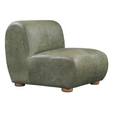 a green leather chair with wooden legs