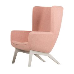 an upholstered pink chair with white legs and back rests against a white background