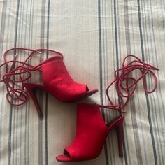 Never Worn Spring Red Round Toe Heels, Red Round Toe Heels For Spring, Red Lace-up Party Sandals, Red Ankle-high Heels For Summer, Red Ankle Strap Casual Heels, Casual Red Heels With Ankle Strap, Red Casual Ankle Strap Heels, Casual Red Ankle Strap Heels, Casual Red Heels For Spring