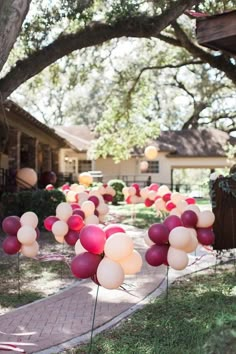 an outdoor graduation party with balloons and streamers