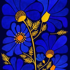 a blue and yellow painting with flowers on it