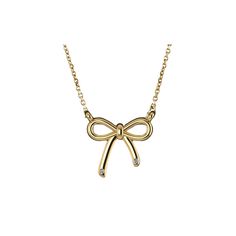 Designed in collaboration with Emily Hertz of Born on Fifth, the Gold and Diamond Bow Necklace has 2 round cut diamonds adorned at the tails of a 14K solid gold bow. It is the sweetest addition to your stack. Available in 14K solid white gold or yellow gold Diamond Color: G-H / Clarity: SI1 16 in necklace length 0.20 ct weight Made to order. Lead time is 2-3 weeks. Benefits of Solid 14k Gold Jewelry Most loved for its durability and longevity Can be worn daily and requires less maintenance and c Formal Gold Necklaces With Ribbon, Formal Gold Necklace With Ribbon, Formal Fine Jewelry With Bow Detail, Formal Fine Jewelry With Bow, Formal Gold Ribbon Necklace, Luxury Diamond Bow Jewelry, Luxury Bow Jewelry For Anniversary, Diamond Bow Jewelry As Gift, Diamond Jewelry With Bow For Anniversary