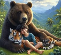 a painting of a boy hugging a large brown bear with a tiger in the background