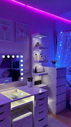 a bedroom with purple lighting and white furniture