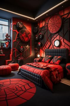 a bedroom decorated in red and black with spider - man themed decor on the walls