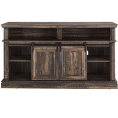 an old wooden entertainment center with sliding doors on one side and two open shelves on the other