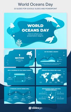 the world oceans day presentation is shown in blue and white