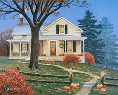 a painting of a house with pumpkins in the front yard and trees around it