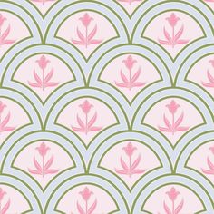 an art deco wallpaper with pink flowers and green circles on the back ground, in pastel colors