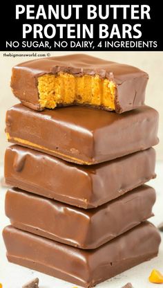 chocolate peanut butter protein bars stacked on top of each other with text overlay that reads no sugar, no dairy, 4 ingredients