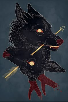 two black dogs with red eyes and arrows in their mouths