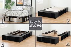 four different views of the same bed frame and storage box for each side, with text overlay reading easy to move south & shore