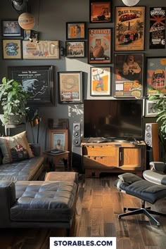 a living room filled with furniture and pictures on the wall