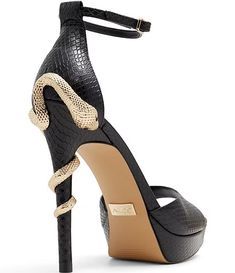 ALDO Medusa Snake Print Leather Ankle Strap Novelty Heel Dress Sandals | Dillard's Snake Strap Heels, Black Snake Outfit, Luxury Evening Sandals With Ankle Wrap, Luxury Ankle Wrap Sandals For Formal Occasions, Luxury Ankle Wrap Sandals For Formal Events, Luxury Ankle Wrap Heels For Formal Occasions, Luxury Formal Ankle Wrap Sandals, Luxury Sandals With Ankle Strap, Gala Platform Sandals With Ankle Strap