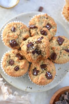 several chocolate chip muffins on a plate