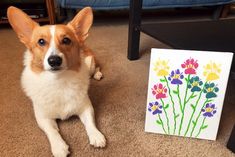 a corgi dog sitting next to a card with flowers painted on it and a chair in the background