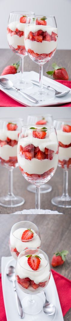 desserts with strawberries and whipped cream are arranged in glass dishes on trays