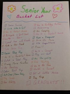 a paper with writing on it that says senior year bucket list