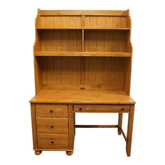 a wooden desk with two drawers and a bookcase on it's top shelf