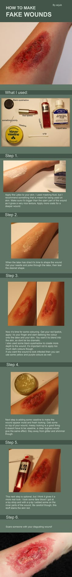 dont ask me why i pinned this..i just..thought it was something I might wanna know how to do xD Zombie Fx Makeup Tutorials, Spfx Makeup Wounds, Sfx Wound Makeup Tutorial, How To Make Fake Wounds, Zombie Fx Makeup, Burn Makeup Special Effects, Halloween Gore Makeup, Wound Tutorial, Liquid Latex Makeup Ideas