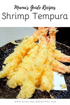 shrimp tempura on a black plate with text overlay