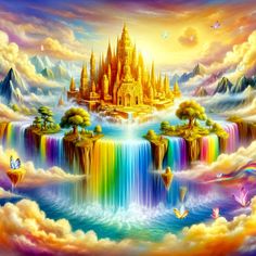 a painting of a castle in the sky with waterfall and rainbows on it's sides