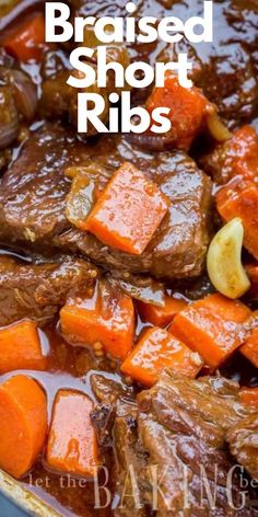 the beef and carrots are being cooked in a pot with sauce on top,