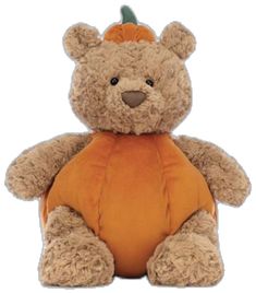 a brown teddy bear with an orange pumpkin on its chest, sitting in front of a white background