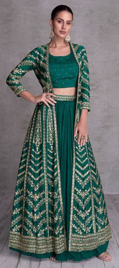 Green color Long Lehenga Choli in Georgette, Silk fabric with Embroidered, Stone, Thread, Zari work Festive Floor-length Green Choli, Formal Green Georgette Lehenga, Green Georgette Choli For Wedding, Fitted Green Georgette Choli, Embroidered Green Georgette Choli, Engagement Reception, Reception Lehenga, Green Lehenga, Peacock Green