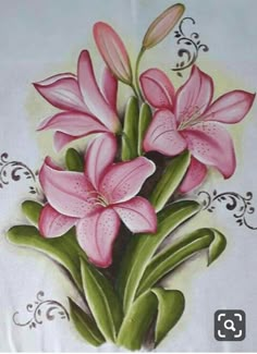 a painting of pink lilies on a white background with black swirls and scrolls