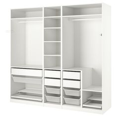 an open white closet with drawers and shelves