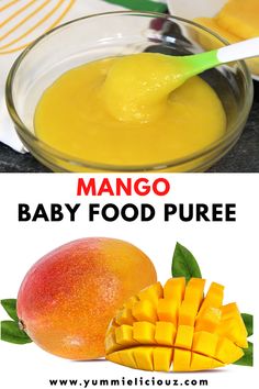 mango baby food puree in a glass bowl