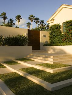 an outdoor area with grass and steps in front of a house