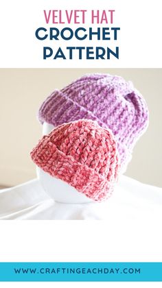 two crocheted hats sitting on top of a white bowl with text overlay that says velvet hat crochet pattern