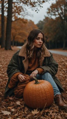 A woman sitting among autumn leaves wearing a cozy oversized jacket, knit sweater, jeans, and boots with a pumpkin beside her, epitomizing the fall outfits aesthetic. Fall Photo Inspiration, Fall Poses, Fall Outfits Aesthetic, Warm Knit Sweater, Fall Shoot, Fall Session, Fits Aesthetic, Crisp Autumn, Fall Photo