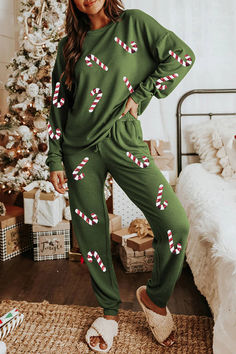 Christmas Sequin Long Sleeve Top and Elastic Waist Tie Pocket Pants Set Bandeau Tops, Green Candy, Green Sequins, Loose Outfit, Loungewear Set, Sweaters And Leggings, Casual Sets, Pocket Pants, Christmas Pajamas