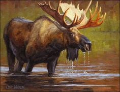 an oil painting of a moose in the water