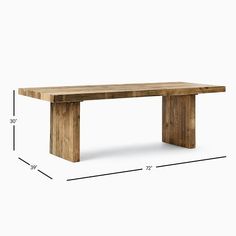 a wooden table with measurements for the top and bottom section, including one end that has a