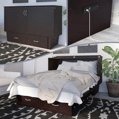 two pictures show the same bed in different rooms