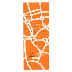 an orange and white map with the names of all streets in it's vicinity