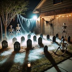 Create a spooky garage graveyard with DIY tombstones and skeleton props. Fog machines and eerie lighting add to the terrifying look, while ghostly figures amp up the fear factor. A perfect theme for turning your garage into a haunted graveyard this Halloween. Garage Halloween Decor, Backyard Haunted House, Haunted Walkway Ideas, Halloween Graveyard Ideas Diy, Halloween Garage Decorations, Diy Tombstones Halloween, Halloween Graveyard Ideas, Garage Halloween Party, Exterior Halloween Decorations