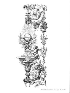 an old fashioned drawing of a fountain with flowers and plants on the bottom, in black and white